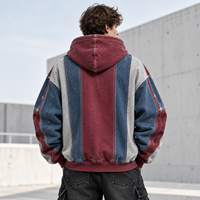 Sweat à capuche zippé personnalisé pour homme, patchwork, mélange de coton lavé, broderie étoile, fermeture éclair intégrale, pour streetwear
