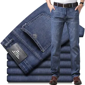 Новинка 2023, мужские летние джинсы для мужчин среднего возраста, эластичные прямые свободные деловые Брендовые мужские брюки с высокой талией, синие джинсы
