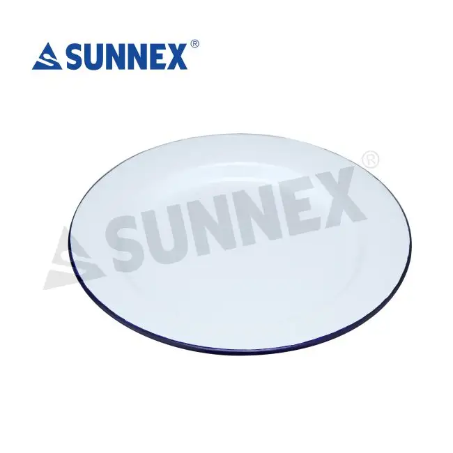 Sunnex Wholesale Custom Printed White Round Steel Enamel Metal Camping Soup Dish Plates Enamel Dinner Plate