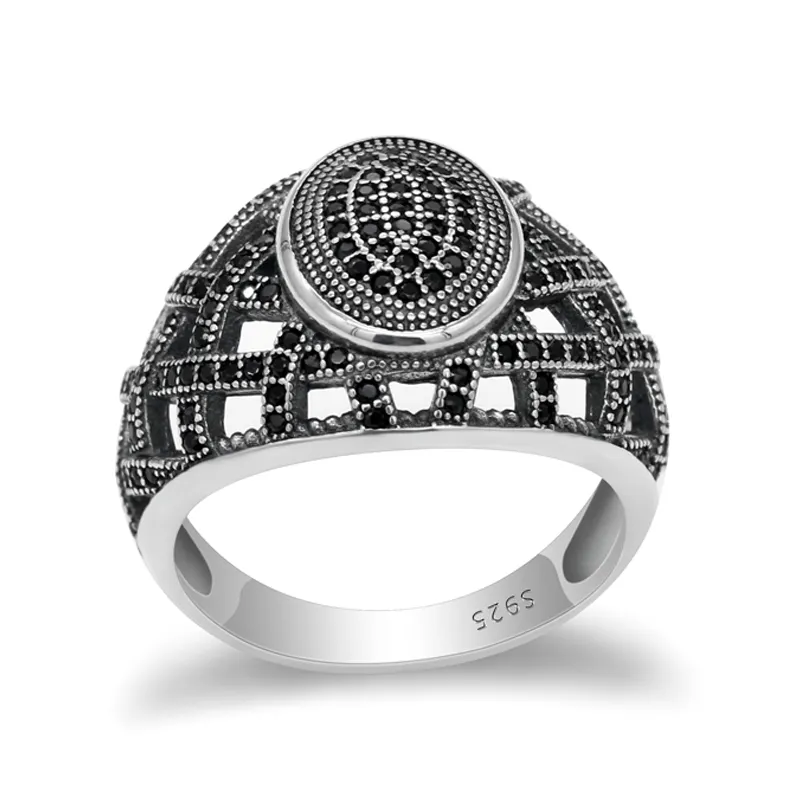 Custom S925 Zilver Pave Zirkoon Steen Mannen Ring, Hollow Ellipse Geoxideerd Ring voor Man Wedding Engagement Sieraden