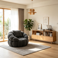 Fauteuil simple moderne en bouclette gris foncé, fauteuil d'appoint compact pour appartement, idéal pour petits espaces de salon