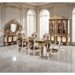 European Style Modern Eco-Friendly Wood Hand Carved <strong>9</strong>-<strong>Piece</strong> Rectangular <strong>Dining</strong> <strong>Set</strong> with Cross Back and Champagne Gold Finish - Product Image 1