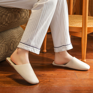 High End Minimalist Italian Style Closed Toe Matte Leather <b>Slippers</b> Couple Non Slip Household Shoes - Product Image 2
