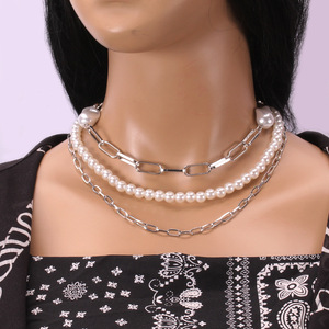 Collar de Moda con Capas, Imitación de Perlas, Cadena Plateada, Diseño Geométrico de Múltiples Hilos, Joyería para Fiestas - Product Image 4