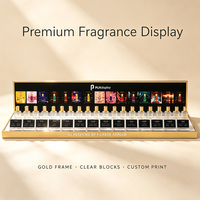 Étagère de présentation de parfums, support de parfum en acrylique, vitrine de parfum à cadre doré avec 15 blocs d'affichage publicitaire en papier