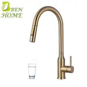 Pull Out Brushed Gold Kitchen Faucet With Side Spray