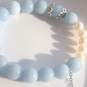Bracelet en perles d'angélite bleu clair avec breloque fleur en <span class=keywords><strong>perle</strong></span> et argent, chaîne ajustable, bijoux de mode - Product Image 4
