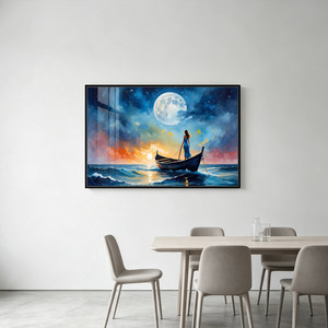 Décoration murale moderne abstraite en cristal, peinture murale représentant une jeune fille de l'océan au clair de lune et un bateau de pêche, avec cadre, tailles personnalisées disponibles - Product Image 3