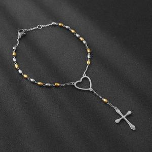 โรงงานผลิตเครื่องประดับ OEM สร้อยข้อมือสแตนเลสชุบทองสำหรับผู้หญิง พร้อมจี้รูปหัวใจสลักลาย สำหรับสวดมนต์คาทอลิก - Product Image 2