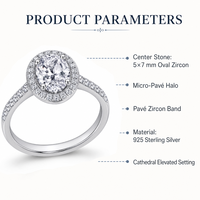 Cincin Cubic Zirconia Perak Sterling 925 Potongan Oval 5x7mm CZ Halo Pave Band Solitaire Cincin Pengantin Wanita