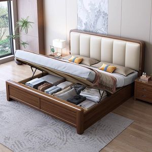 Cama Moderna Minimalista Tapizada de Madera Maciza de 1.8m con Doble Espacio de Almacenamiento, Cama Matrimonial para Recámara Principal - Product Image 3