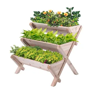 乡村三层垂直花盆箱木制垂直凸起花园床，带菜花腿户外花园