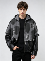Veste personnalisable en patchwork brut effiloché, bicolore, délavée, zippée, à capuche, style grunge streetwear pour homme