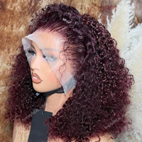 Vente en gros 99J rouge doublement dessiné frisé 13x4 hd dentelle frontale perruques cheveux humains dentelle frontale brésilienne cheveux humains courts Bob perruques