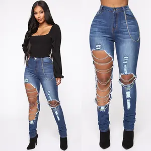 2021 Latest Design High Waist Blue Ripped Chain Women's Jeans - Buy Women's Jeans,Chain Jeans