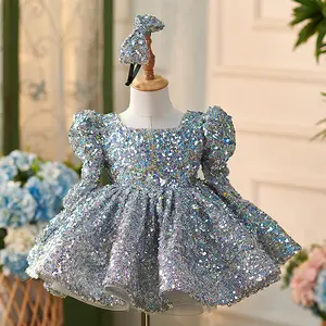 Son lüks çocuk topu kıyafeti toptan örgü uzun kollu gümüş payetli bebek kız lüks prenses parti akşam Tutu elbiseler