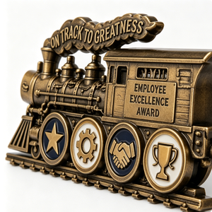 Trophée de l'Excellence des Employés, en laiton plaqué or, design train, artisanat en métal moulé 3D, cadeau d'affaires - Product Image 5