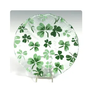 Shamrock Pattern Fused Glass Dish Home Decor Fusing Glass Bowl Handmade Painted Clear Fusion Casting Glass Plate For Decoration