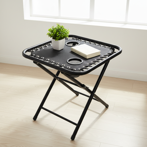 Tavolino Pieghevole Nero da Esterno, Struttura in Acciaio Resistente con Doppio Portabicchieri per Campeggio e Uso in Patio - Product Image 6