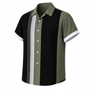 Chemise classique vert-noir contrastée, simple et élégante, à manches courtes, boutonnée, style streetwear. - Product Image 6