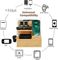 Station d'accueil multi-appareils en bambou personnalisée, support pour téléphone, clés, ordinateur portable, tablette, portefeuille, montre, boîte de rangement pour maquillage en gros
