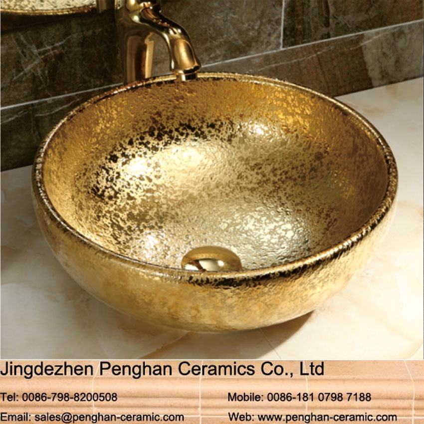 中国陶磁器。5彩。洗面器。 中国の芸術的な黄金色のセラミック洗面