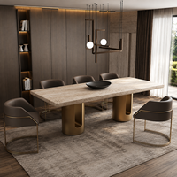 Table à manger rectangulaire de luxe en marbre artificiel durable, base double en acier au carbone, design moderne pour usage extérieur/intérieur, hôtels