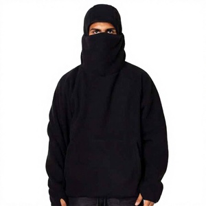 Sweat-shirt à capuche noir pour homme, coupe ample, en polaire, pour l'hiver, style décontracté, avec masque intégré, manches classiques, en coton tricoté - Product Image 1