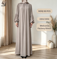 Gaun Muslim Abaya Poliester OEM Kustom, Model Longgar, Sopan, Lengan Reguler, Ujung Berlipit, Gaun Islami Etnik Musim Panas, Label Pribadi
