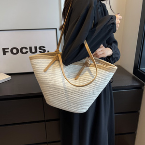 Woven Straw Crossbody Bag <b>Bucket</b> Type Khaki Off <b>White</b> Single Strap Portable Everyday Outfits Summer 2023 - Product Image 5
