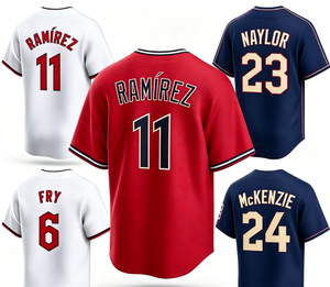 Maillot de baseball Cleveland Guardians unisexe blanc et bleu marine bicolore à manches courtes 100% polyester imprimé par transfert thermique # 11- # 24 joueurs - Product Image 1