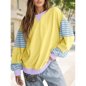 Fisoew Sudadera extragrande con bloques de color para mujer, manga farol, cuello redondo, tops informales para otoño - Product Image 3