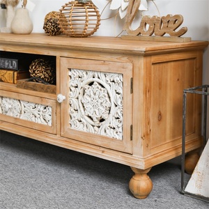 Meuble TV rustique vintage en bois sculpté de 70 pouces, style ferme, fait main, pour salon, unité de rangement - Product Image 5