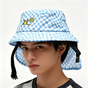 Blue Checkerboard Bucket <b>Hat</b> <b>with</b> <b>Neck</b> <b>Flap</b> UPF50+ UV Protection Adjustable Chin Strap Outdoor <b>Sun</b> <b>Hat</b> for Fishing Travel Casual - Product Image 1