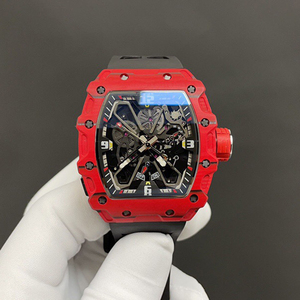 Luxury <b>Red</b> Forged Carbon Tonneau Skeleton Watch Black Rubber Strap with Exposed Movement - Product Image 1