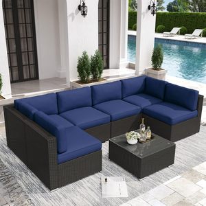 7-Piece ngoài trời Patio đồ nội thất Bộ wicker mây <span class=keywords><strong>sofa</strong></span> cắt kính hiện đại Bàn cà phê và có thể giặt ghế đệm - Product Image 6
