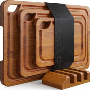 Ensemble de 3 planches à découper en bambou personnalisables avec logo, pour charcuterie et boucherie, avec rainure profonde pour les jus et poignées latérales - Product Image 1
