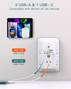 Grifo de pared de 5 vías con luz nocturna, módulo de cargador USB múltiple, tira de extensión de electricidad, <span class=keywords><strong>fuente</strong></span> de alimentación múltiple - Product Image 5