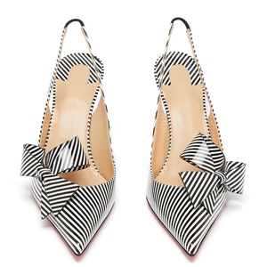 Pump Slingback con tacco 8-12cm con fiocco a righe in pelle verniciata Stiletto di lusso personalizzato da <span class=keywords><strong>donna</strong></span> di design bianco <span class=keywords><strong>e</strong></span> nero - Product Image 3