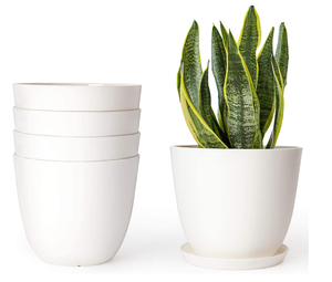 YICAI 5.5" White Plastic Planters Indoor Set of 5 Flower Plant Pots Modern Decorative Gardening Pot with Drainage and Saucer