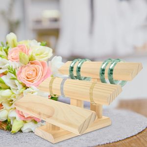 Présentoir à bijoux à trois niveaux en bois de pin couleur naturelle pour bracelets et bijoux en jade - Product Image 1