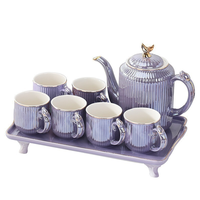 Service à thé en céramique à rayures verticales européennes avec plateau en métal doré, ensemble de vaisselle haut de gamme, cadeau de nouvelle maison, ensemble de tasses à café