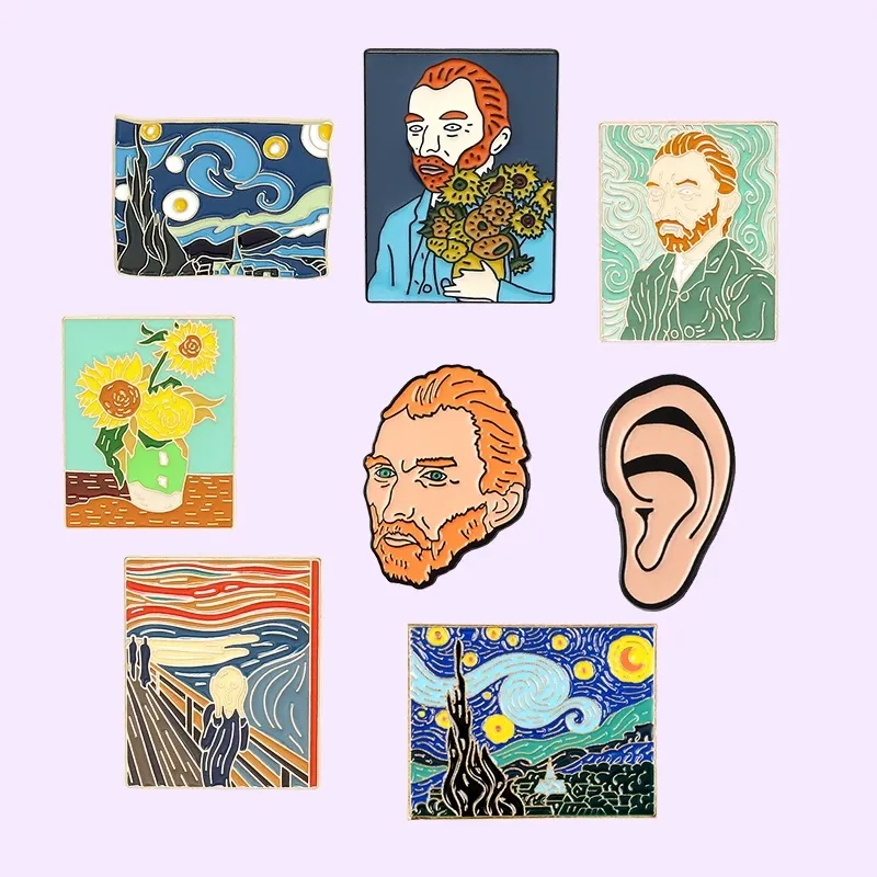 Cung cấp tại chỗ Kim Loại huy hiệu ve áo Van Gogh men pins sao trăng đêm sơn dầu vú chân nghệ thuật kim loại biểu tượng sơn mài pins