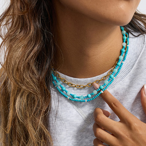 Turquoise Pearl <b>Beaded</b> <b>Necklace</b> Unisex Everyday Wear 18K Gold Stainless Steel Ball Shape JDN0306066 - Product Image 3