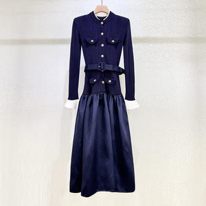 Abito in <span class=keywords><strong>Maglia</strong></span> <span class=keywords><strong>Blu</strong></span> Navy Autunno/Inverno, Vendita all'Ingrosso, Elegante <span class=keywords><strong>Vestito</strong></span> da Festa a Maniche Lunghe con Bottoni e Patchwork - Product Image 1