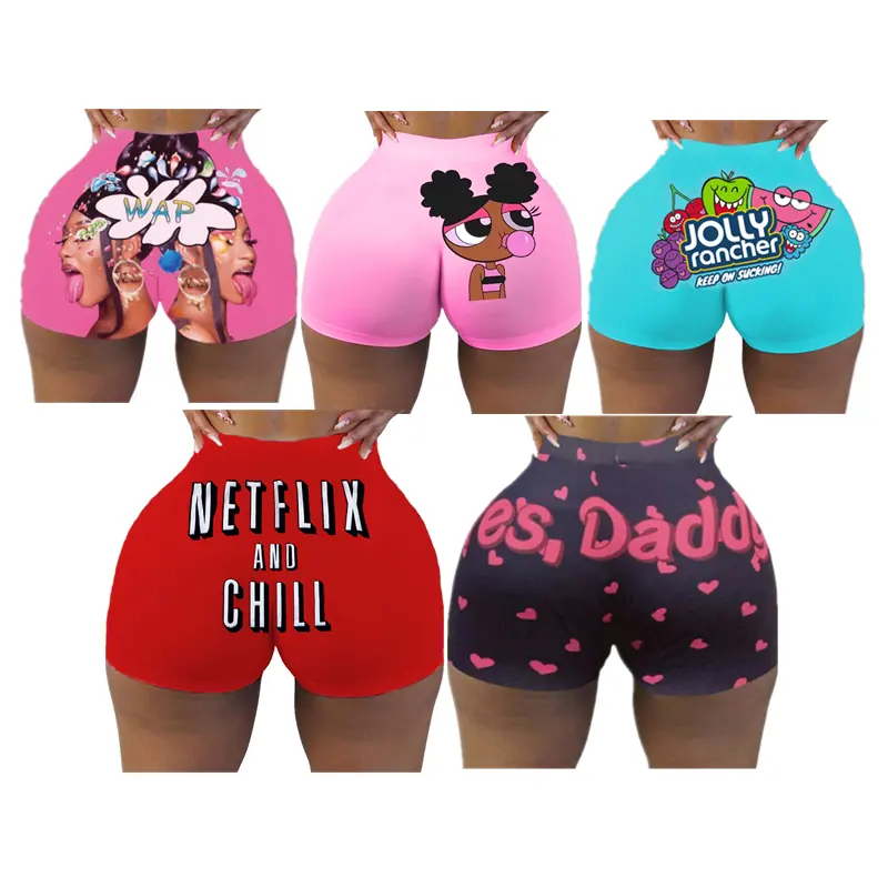 Motociclista verão Yoga Jersey Basquete Womens Workout Shorts Plus Size Snack Candy Cartoon Shorts Custom Gym Impresso Shorts