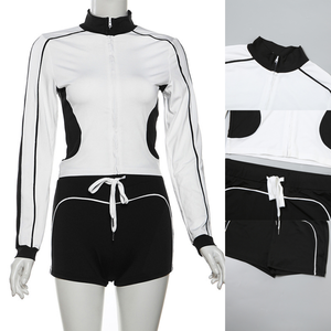 017 nuovi arrivi set a blocchi di colore Sport 2 pezzi completo da donna tute autunnali giacca Zip + pantaloncini con coulisse - Product Image 3