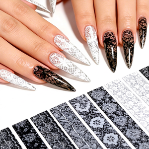 Autocollants pour ongles en dentelle noire et blanche, ciel étoilé, 10 feuilles/paquet, styles variés, autocollants pour ongles de luxe, vente en gros - Product Image 1