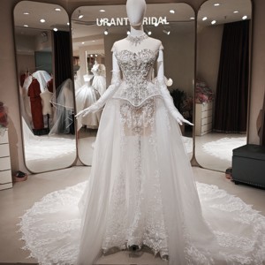 Vestido de Novia de Lujo Estilo Sirena con Cuello Alto, Ilusión de Cristal, Corsé con Cuentas, Encaje y Tul, Cola Catedral, Venta al por Mayor - Product Image 2