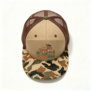 Casquette de camionneur personnalisée en toile brodée avec logo Run for Deer, visière camouflage et filet pour la chasse estivale en extérieur - Product Image 3